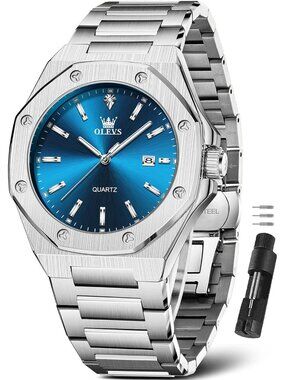 Men's Silver Blue Luxury Stainless Steel Octagon Analog Quartz Waterproof Watch
